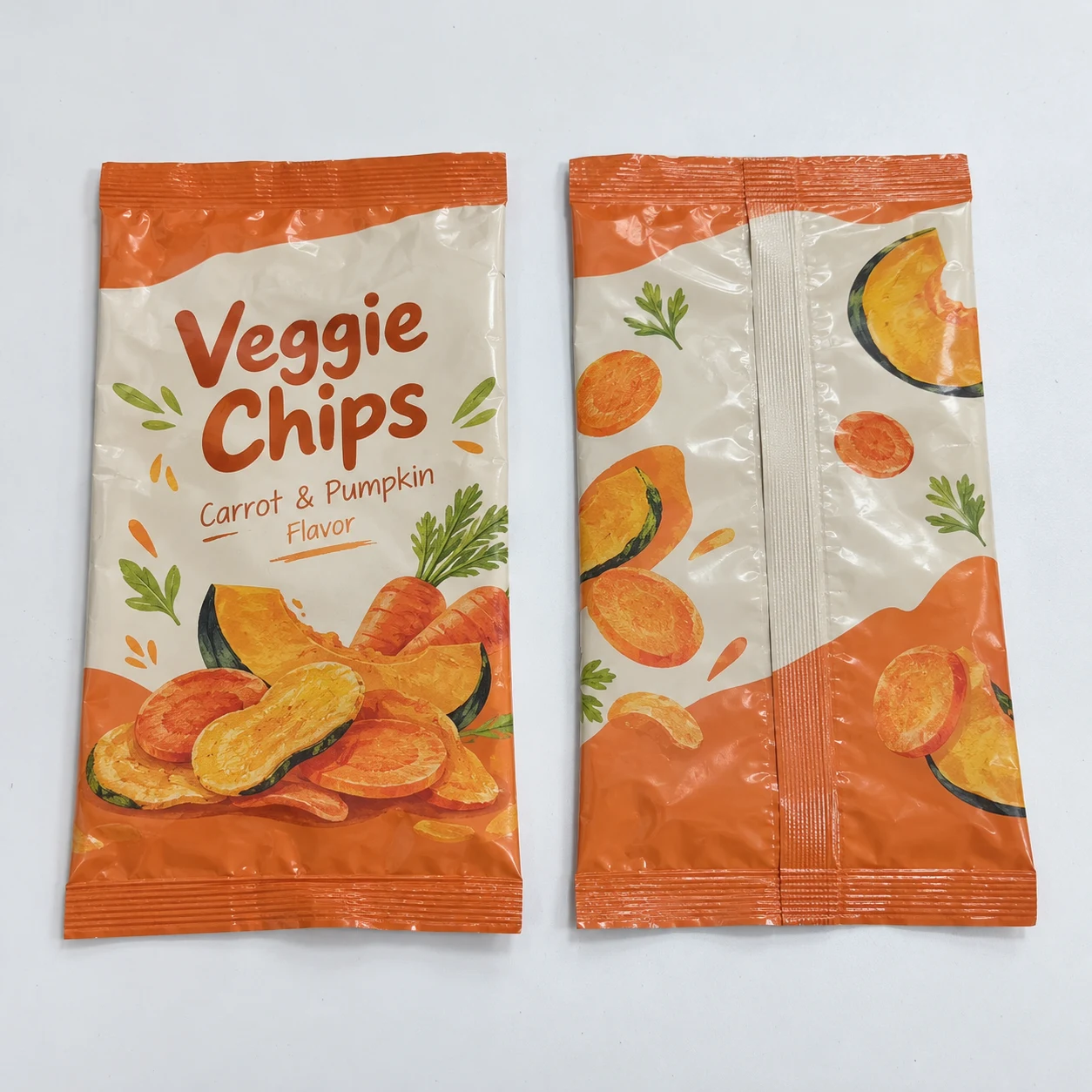 Flat empty center seal bags with snacks artwork