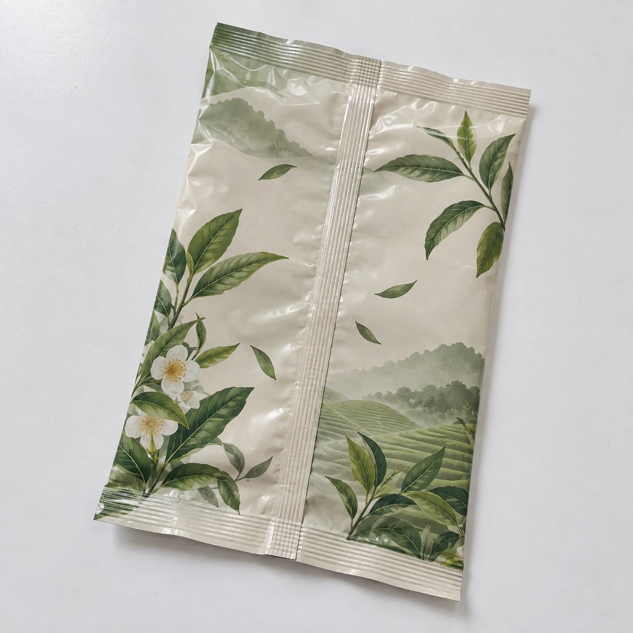 Flat empty center seal bags with tea artwork