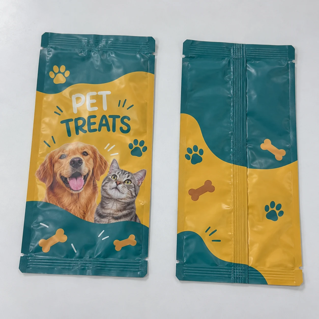 Flat empty center seal bags with pet treats artwork