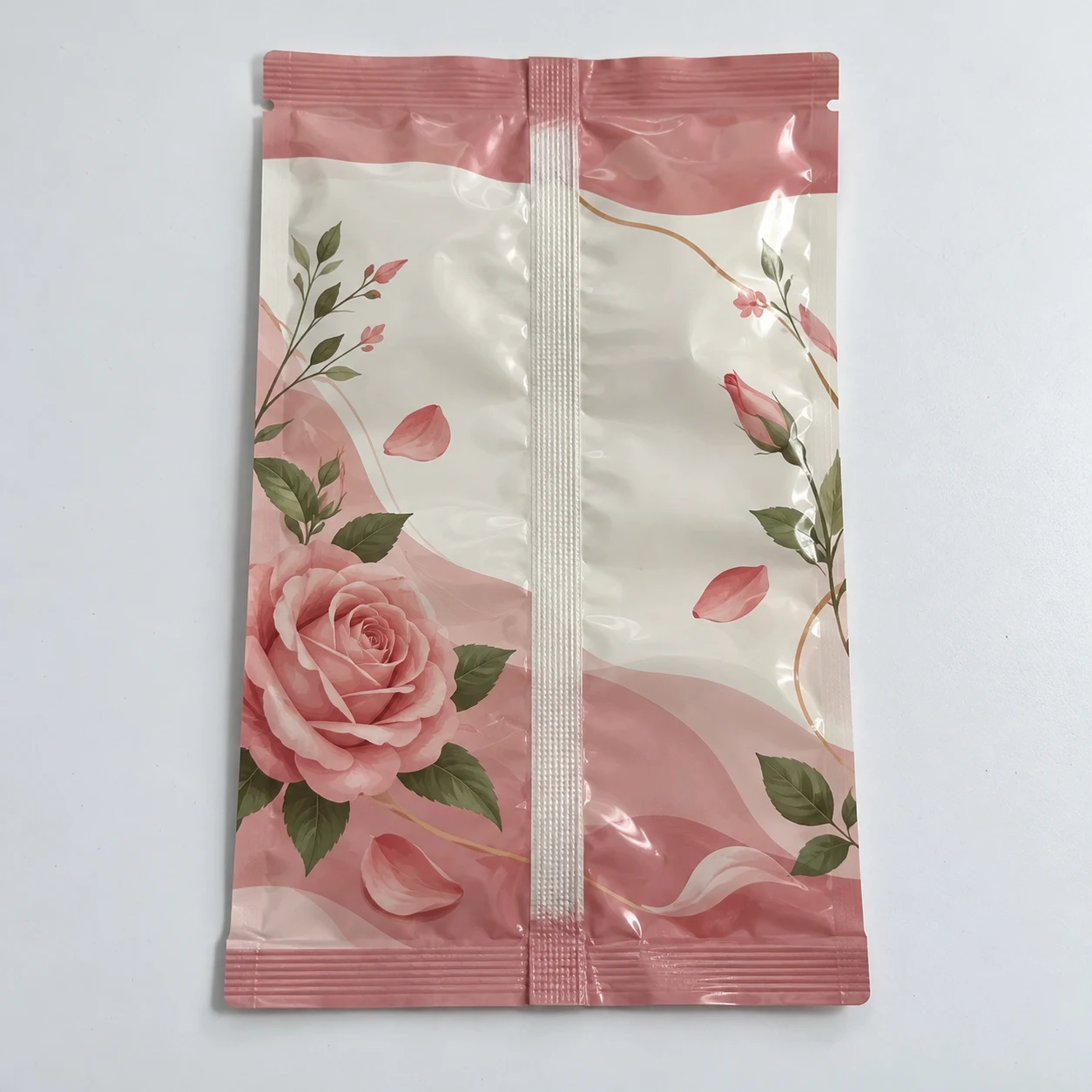 Flat empty center seal bags with care artwork