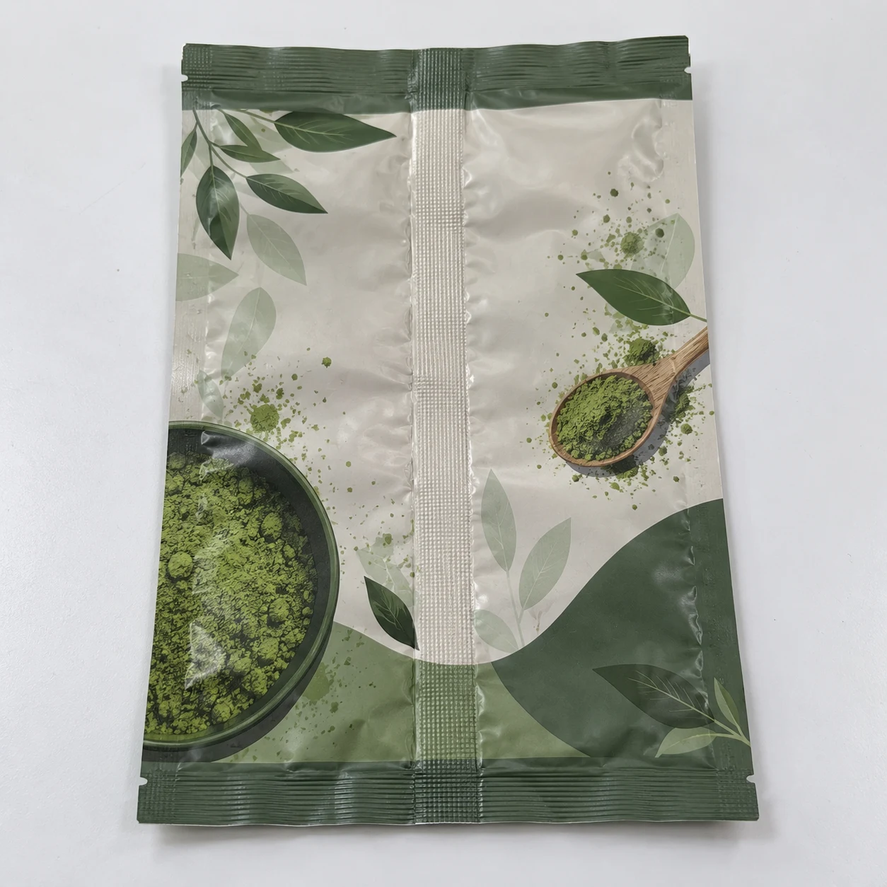 Flat empty center seal bags with daily powder artwork