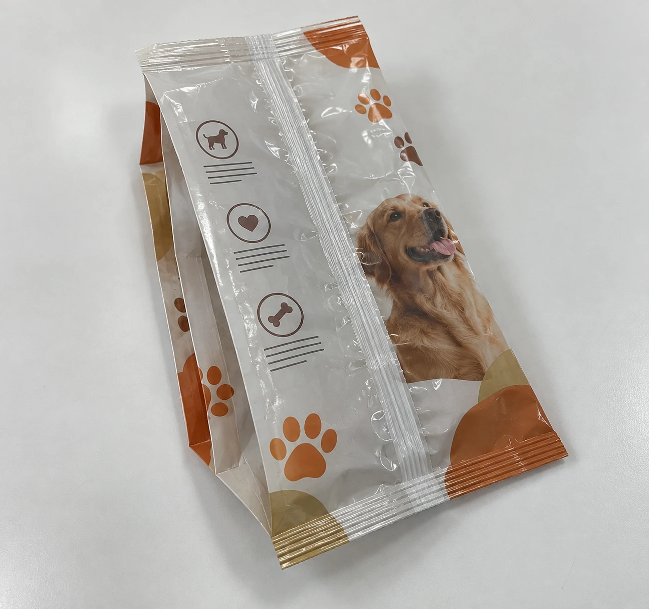 Flat empty center seal gusset bags with pet treats artwork
