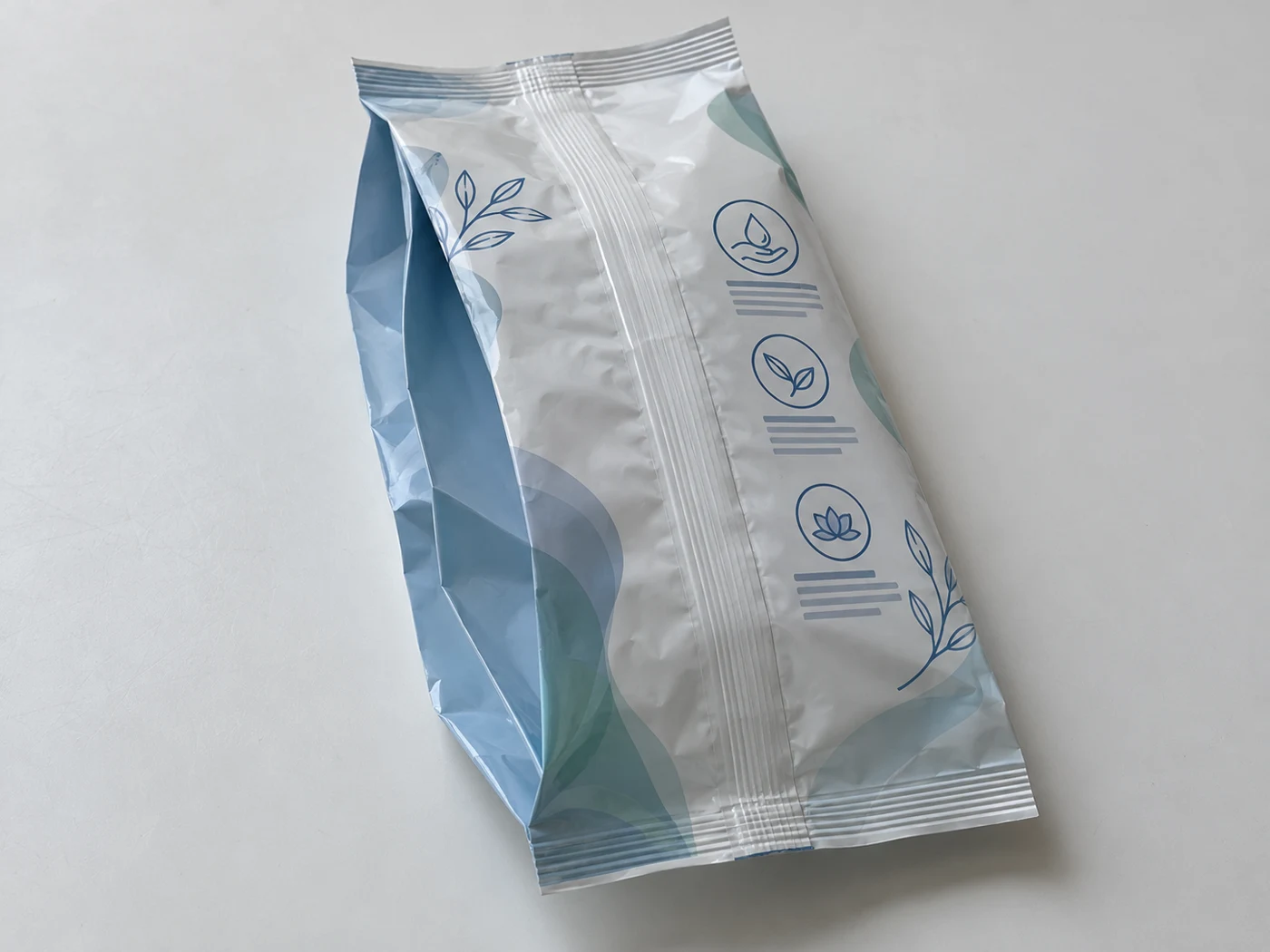 Flat empty center seal gusset bags with care artwork