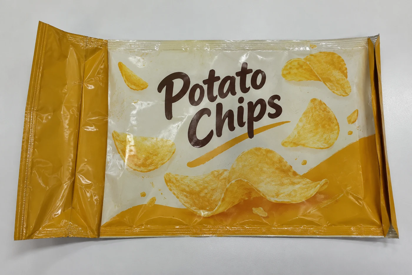 Flat empty side gusset bags with snacks artwork
