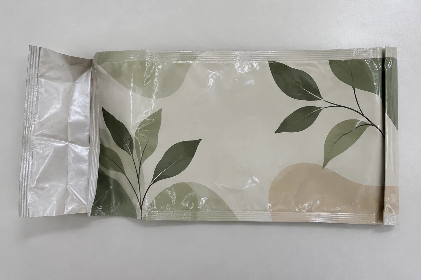 Flat empty side gusset bags with care artwork
