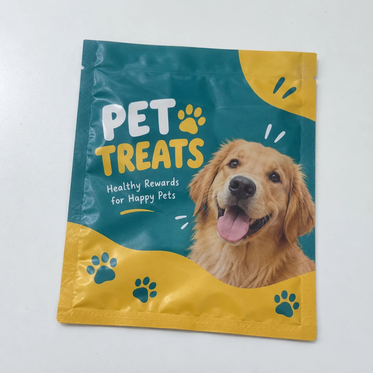 Flat empty three side seal pouches with pet treats artwork