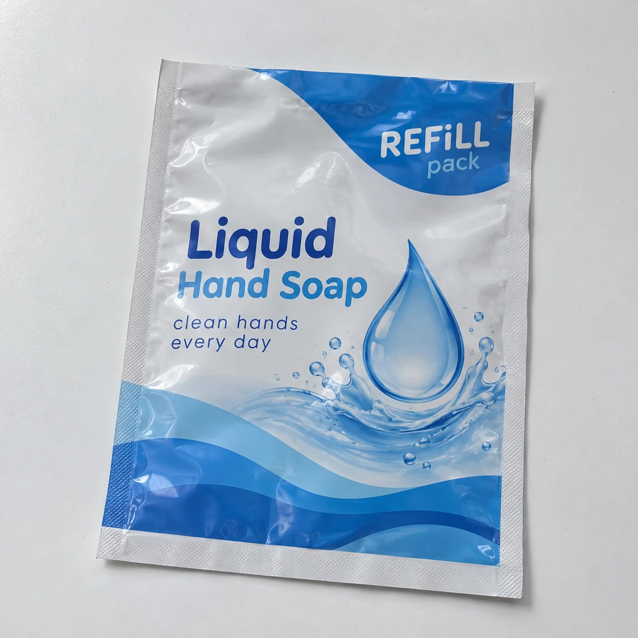 Flat empty three side seal pouches with refill artwork
