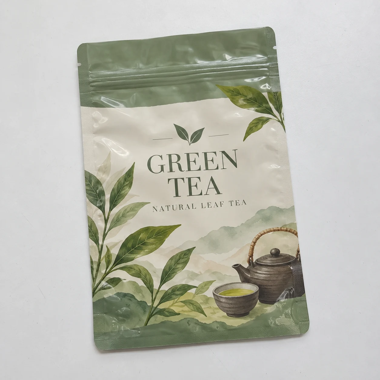Flat empty three side seal zipper pouches with tea artwork