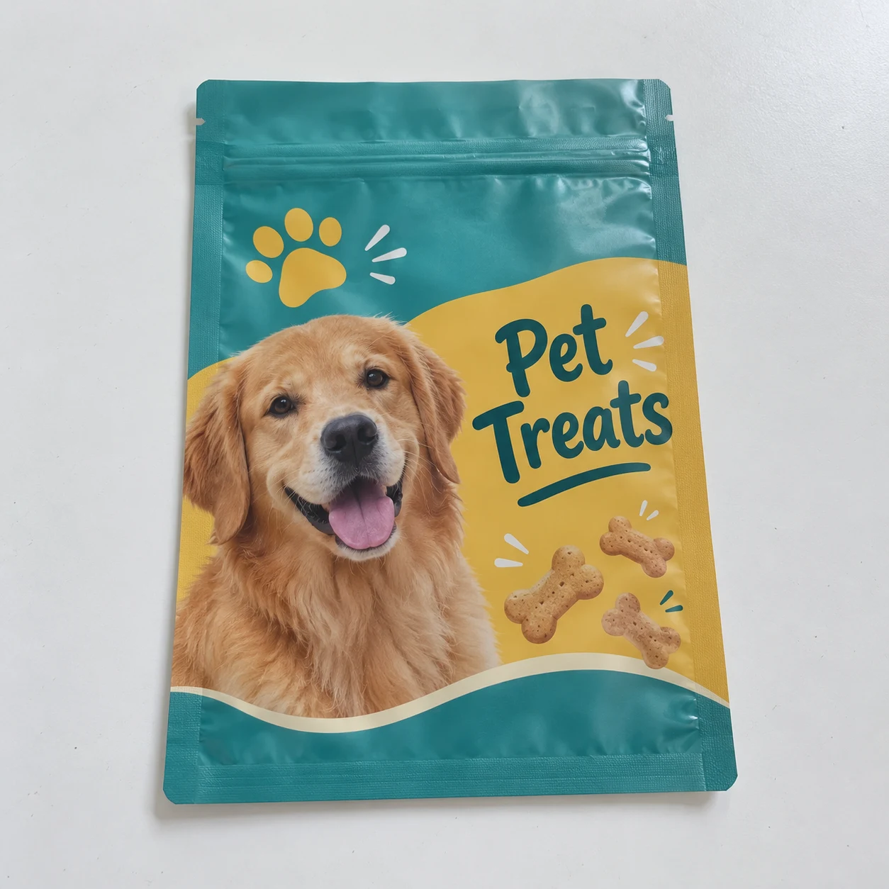 Flat empty three side seal zipper pouches with pet treats artwork