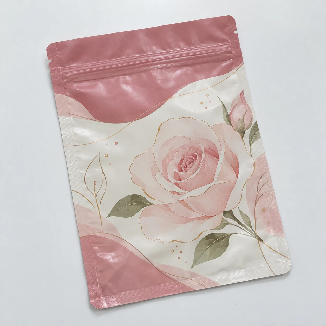 Flat empty three side seal zipper pouches with care artwork