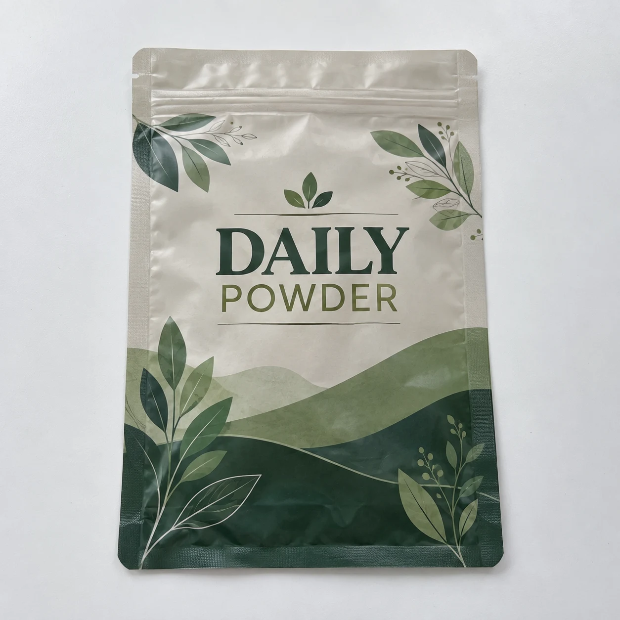 Flat empty three side seal zipper pouches with daily powder artwork