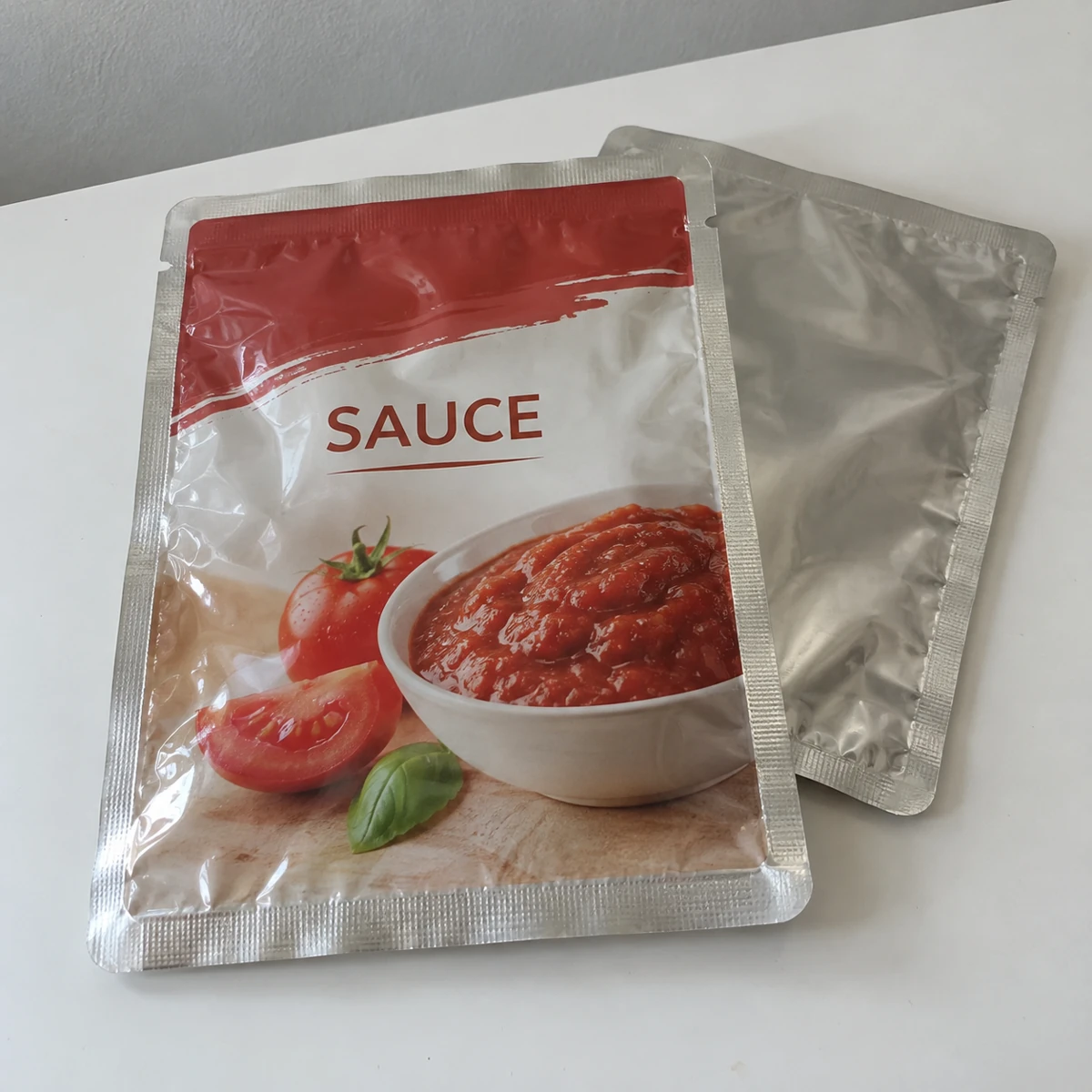 Empty retort pouches sample with meal sauce artwork, fully displayed on a table