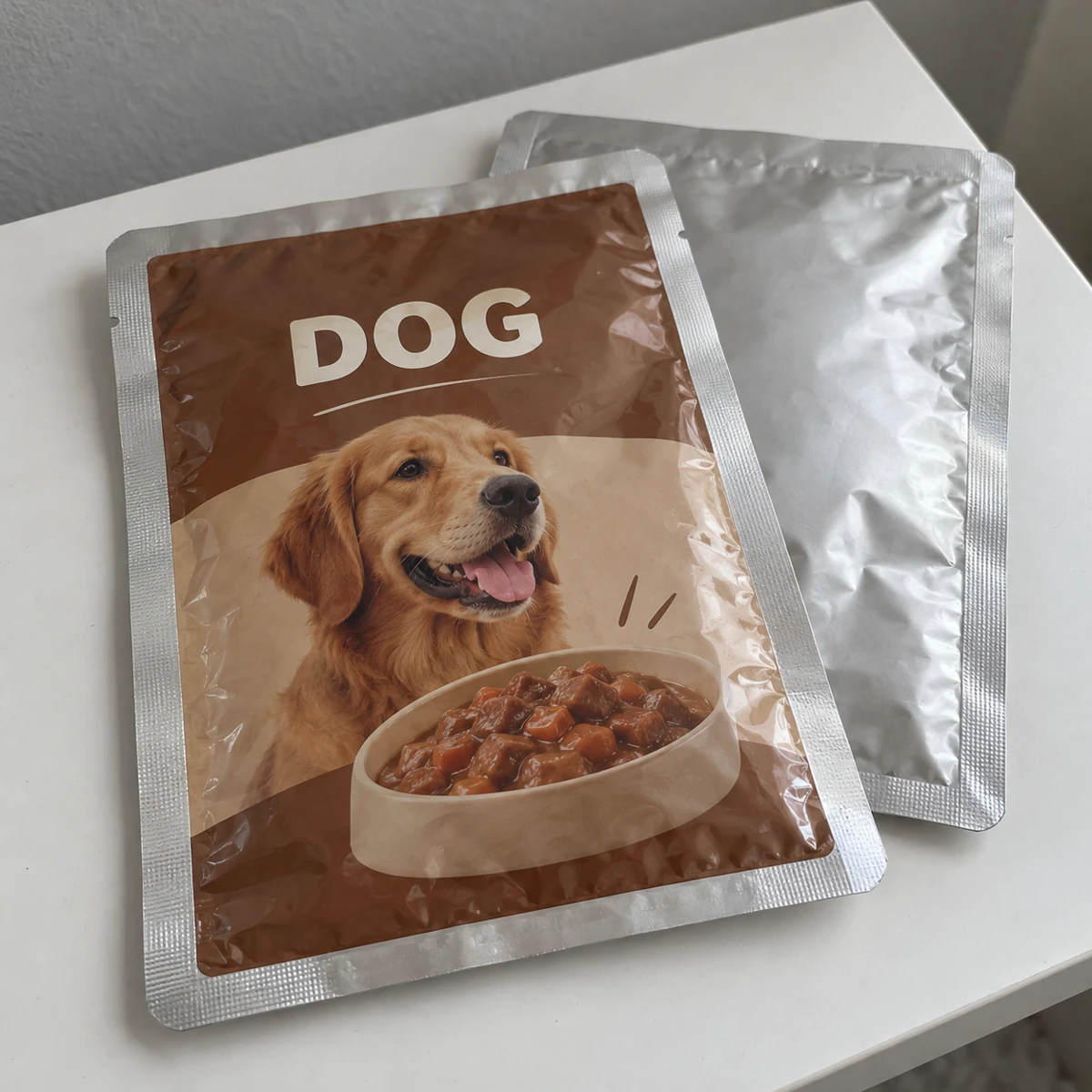 Empty retort pouches sample with wet dog food artwork, fully displayed on a table