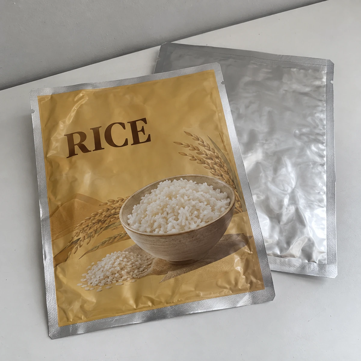 Empty retort pouches sample with rice meal artwork, fully displayed on a table