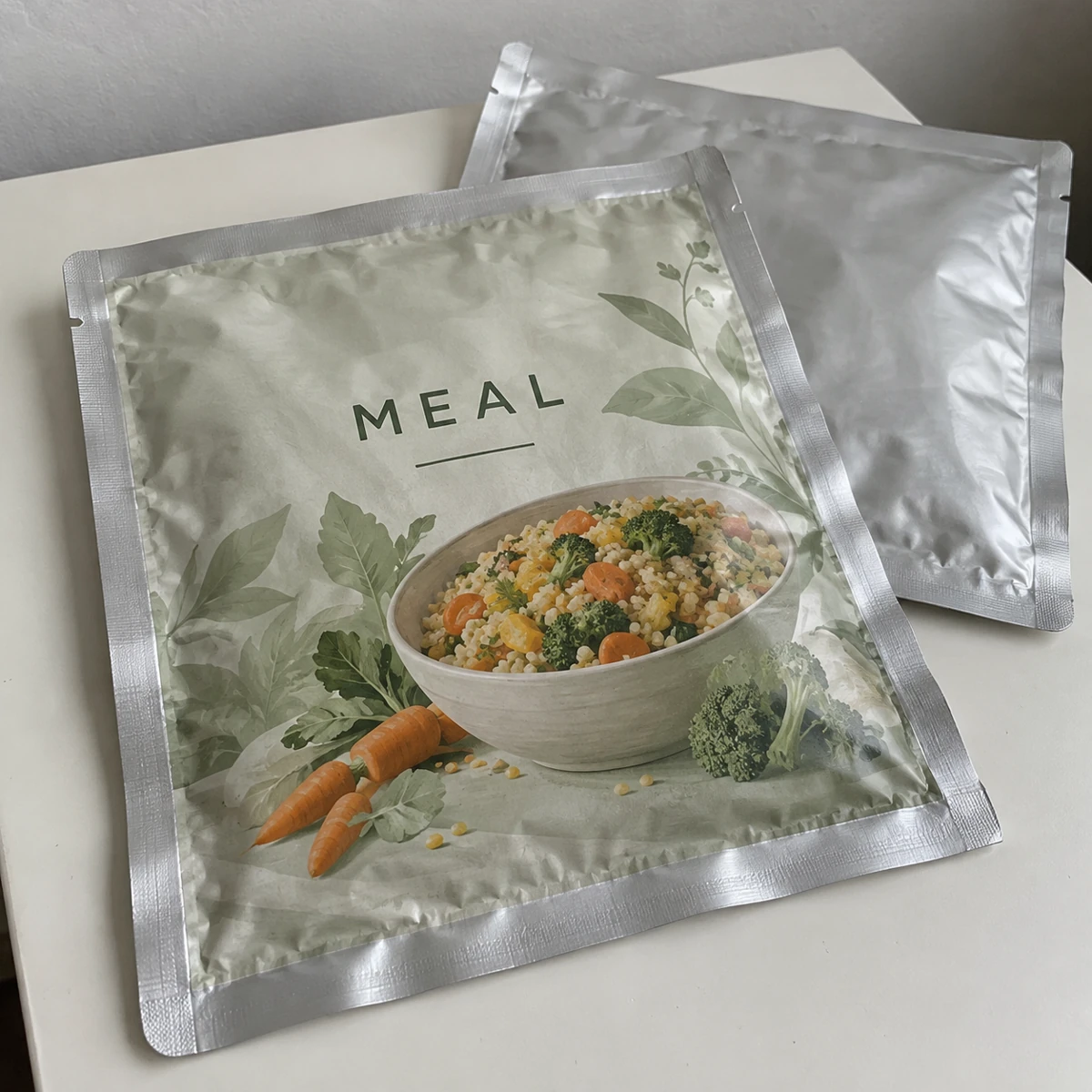 Empty retort pouches sample with vegetable meal artwork, fully displayed on a table